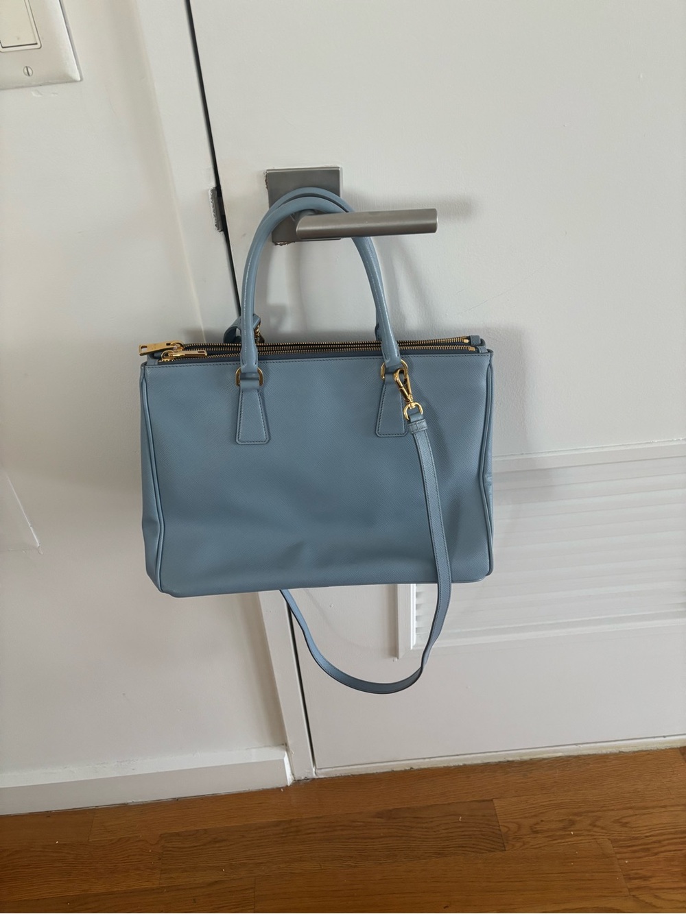 Prada Saffiano Large Double Zip Tote in Powder Blue (“Astrale”) Gold Hardware - Picture 15 of 16